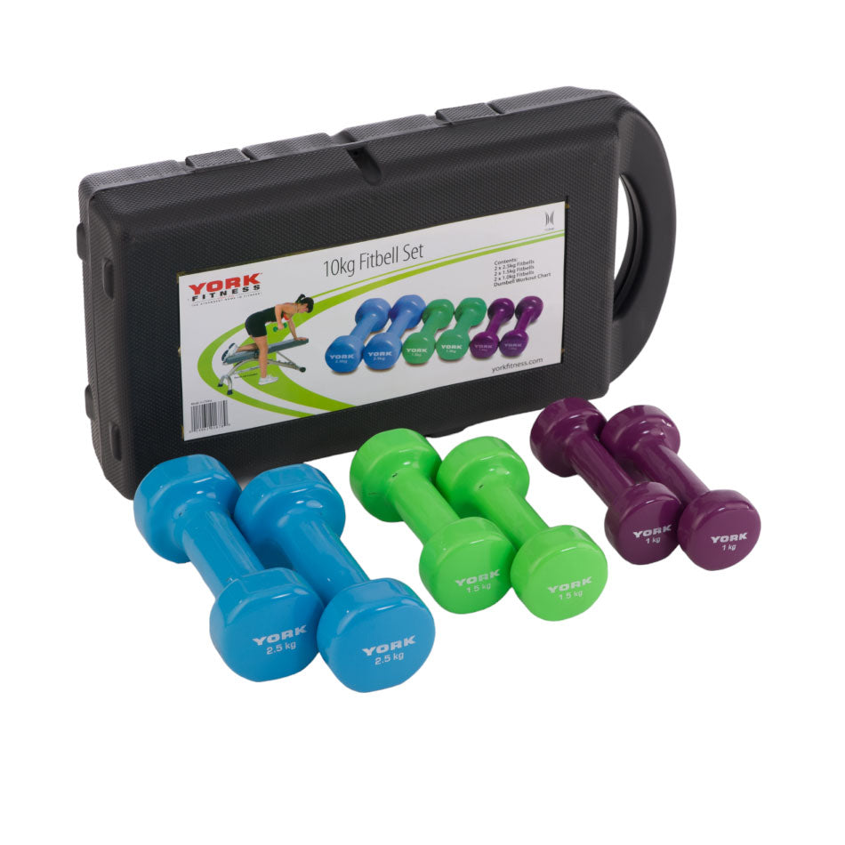 York 10kg Vinyl Dipped Dumbbell Set in Case York 10kg Vinyl Dipped Dumbbell Set in Case