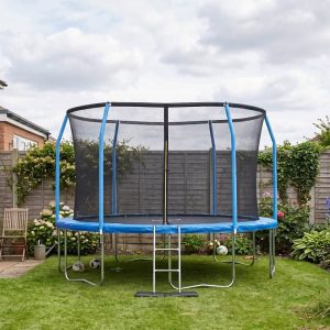Air King Jump 12ft Trampoline with Safety Enclosure Free Ladder Floor Mat & Socks – Blue / Blue