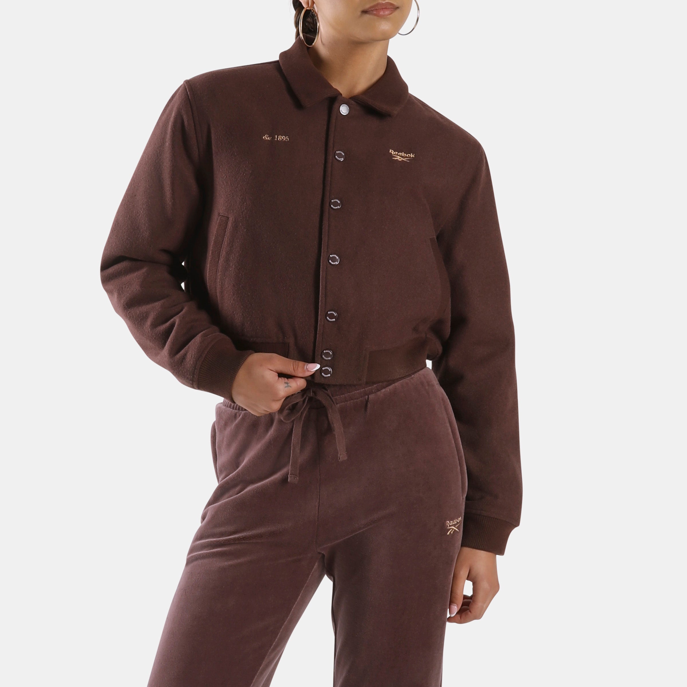 ss-reebok-15685322539356 Reebok Elevated Athletic Cropped Varsity Women's Bomber Jacket, DARK COCOA